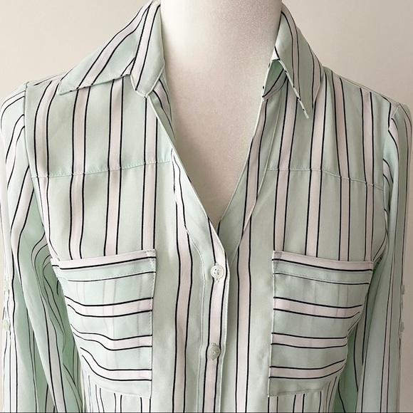 Express | Mint Striped Button Down Roll Tab Portofino Blouse - Picture 2 of 14